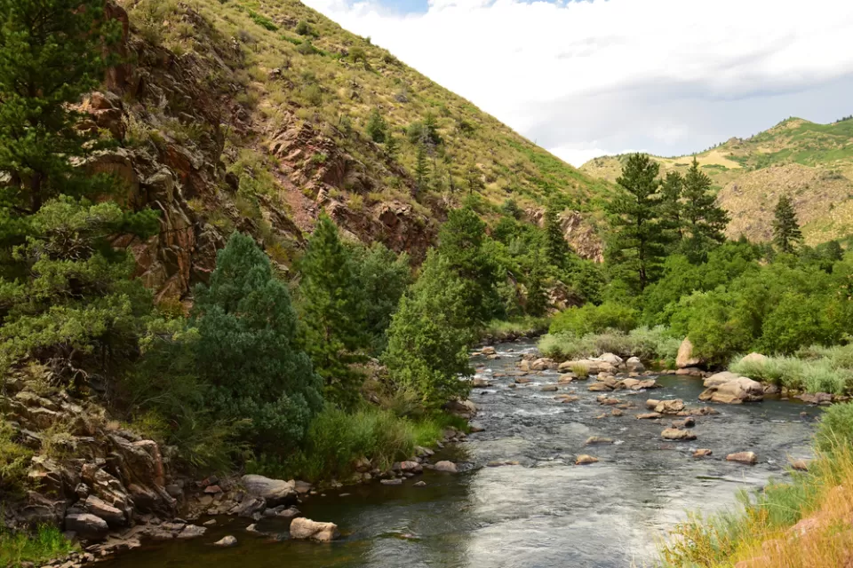 Shallow river with tree-lined banks and hillsides in the background